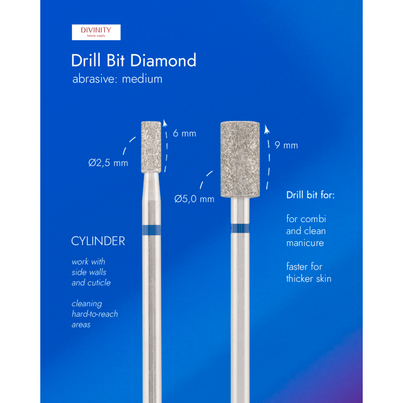 Particolare di Diamond bit "cylinder" blue, L-9,0 mm., Ø5,0 mm.