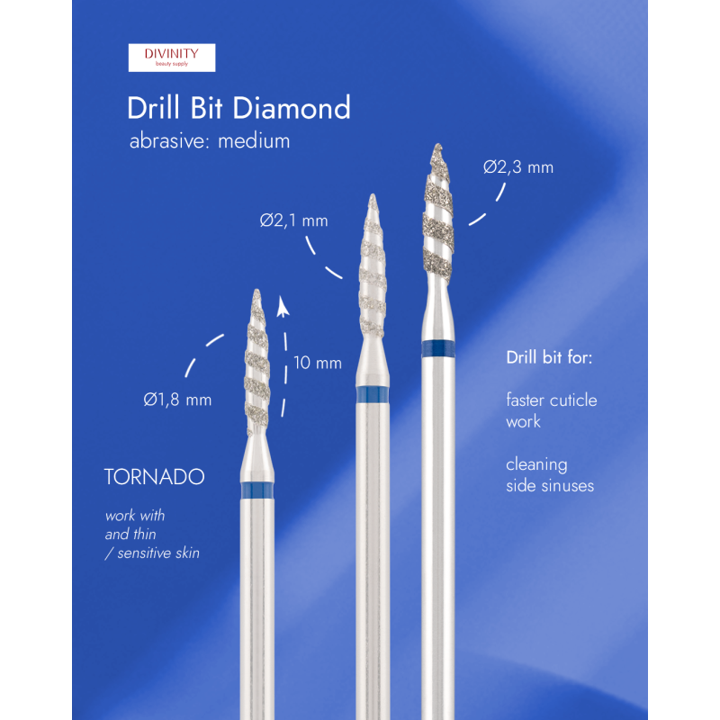 Particolare di Diamond bit "tornado" blue, L- 10,0 mm., Ø2,1 mm.