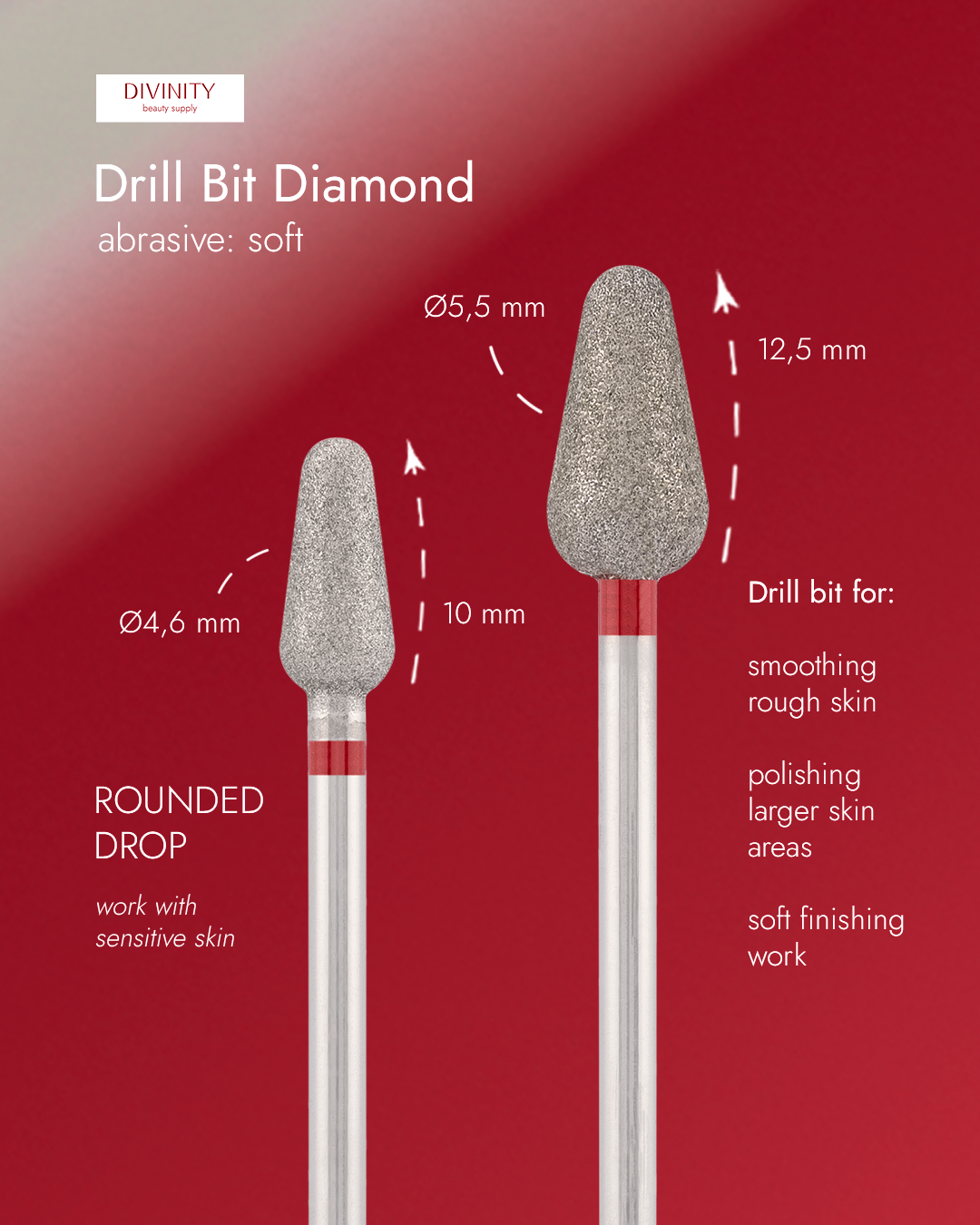 Particolare di Diamond bit "rounded drop" red, L- 10,0 mm., Ø4,6 mm.