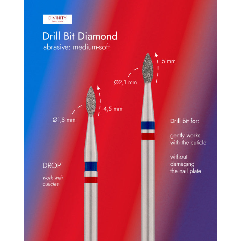 Particolare di Diamond bit "drop" blue-red, L- 4,5 mm., Ø1,8 mm. NEW