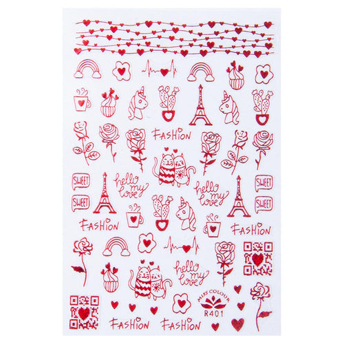 Foglio di adesivi San Valentino rossi R401 per nail art