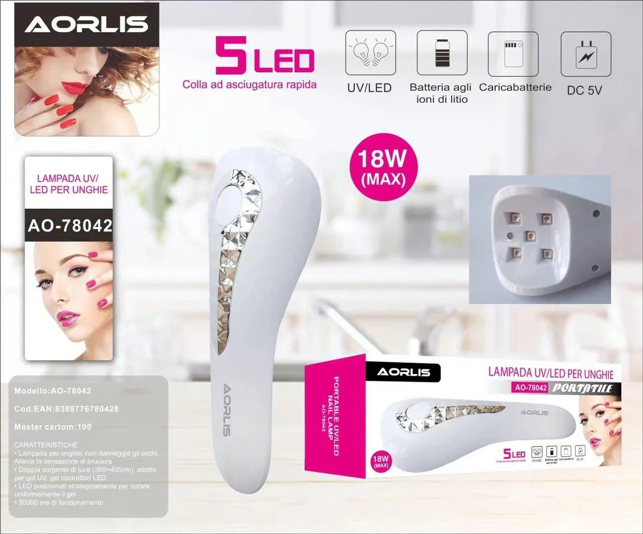 AORLIS LAMPADA UV/LED PER UNGHIE PORTATILE 5 LED 18W - Lady&Oscar