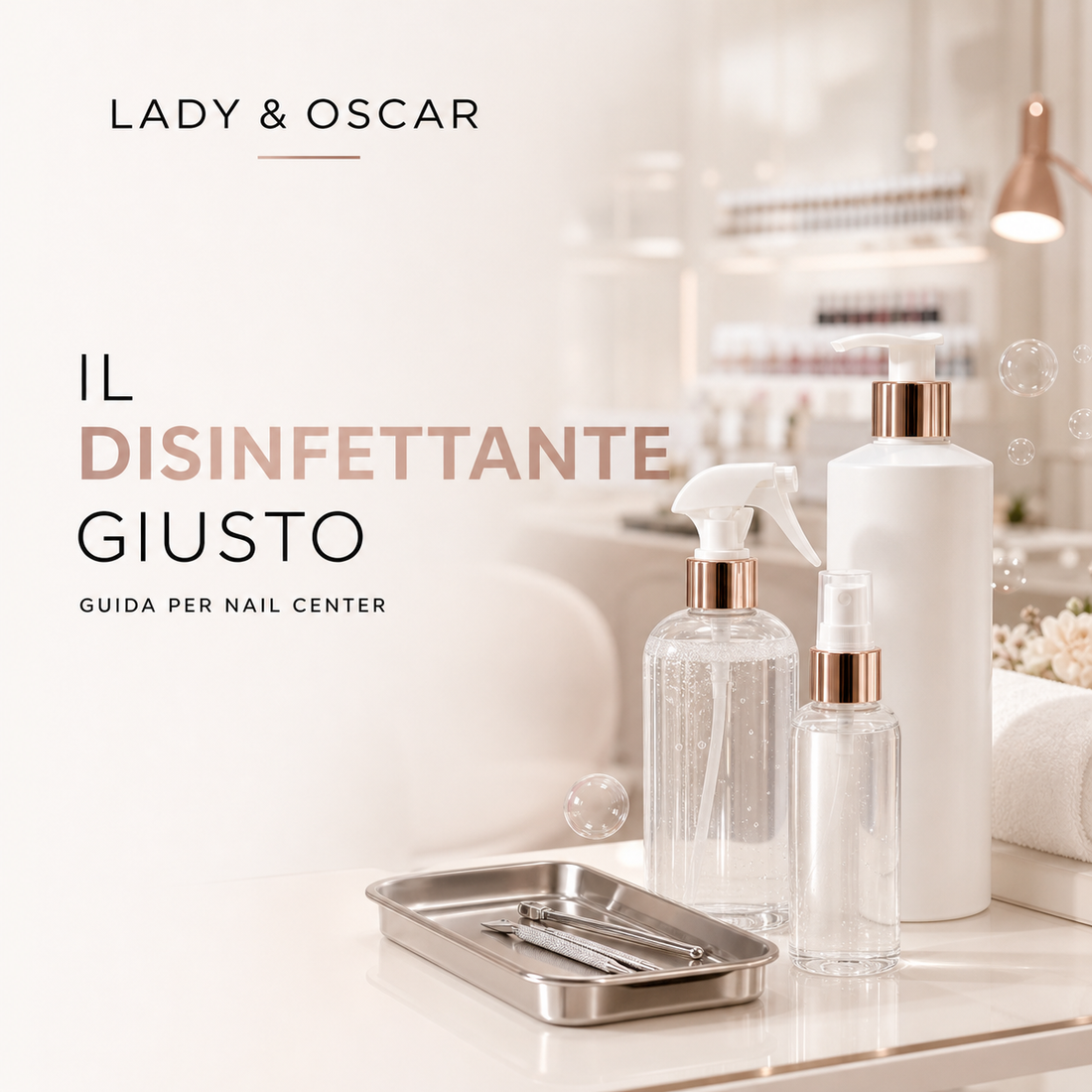 Disinfettanti professionali per strumenti e superfici in un nail center Lady & Oscar