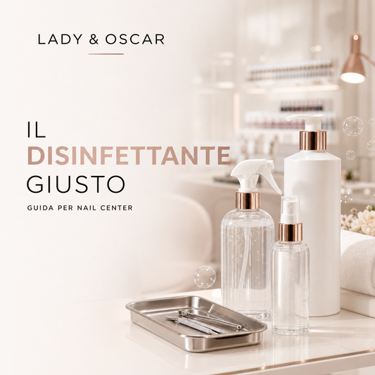 Disinfettanti professionali per strumenti e superfici in un nail center Lady & Oscar