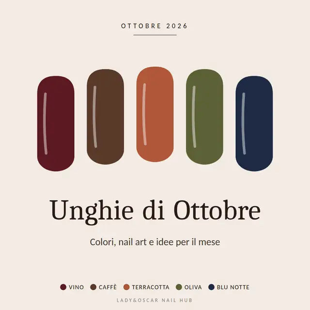 Unghie ottobre 2026: colori vino, caffè, terracotta, verde oliva e blu notte