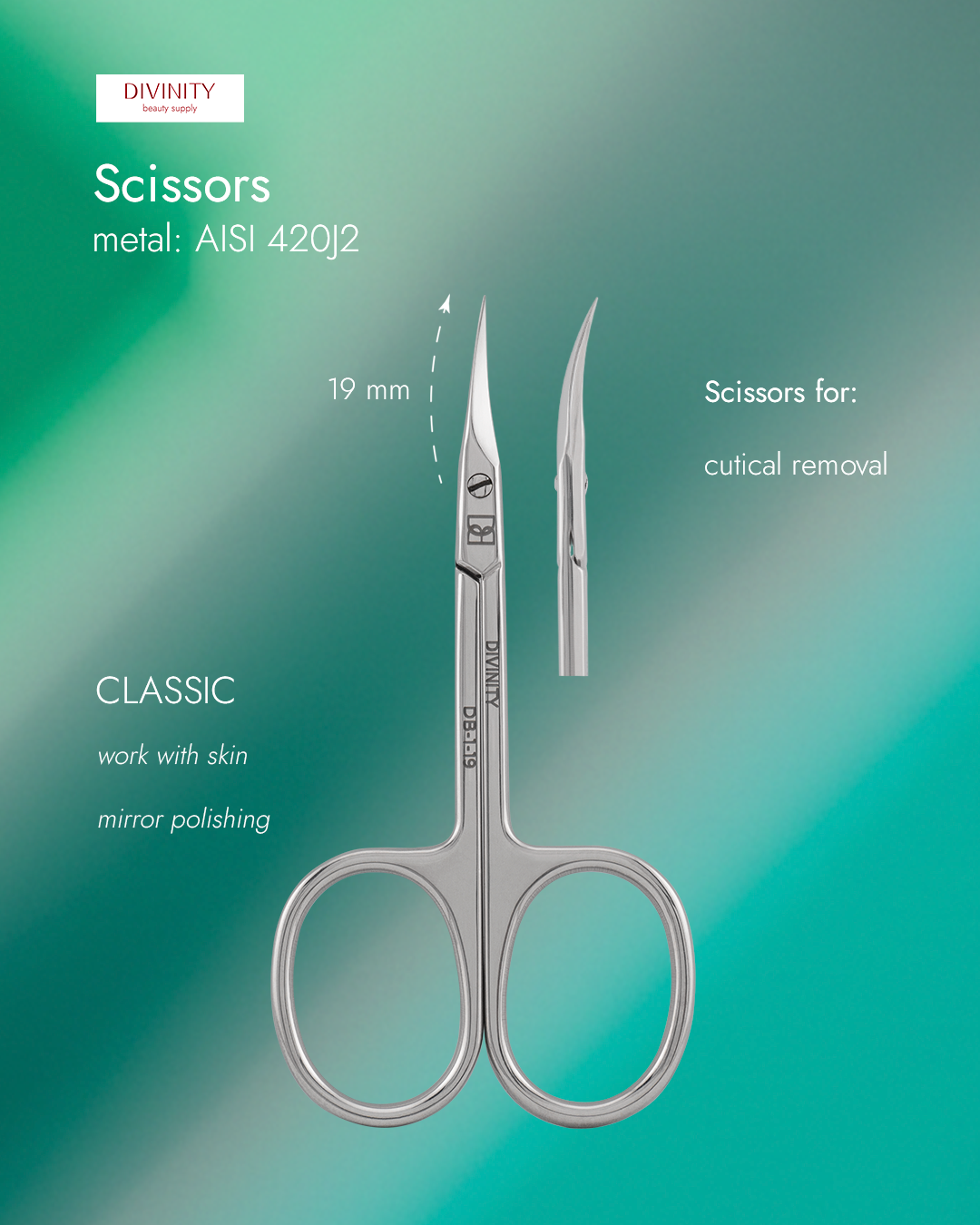 Professional scissors for cuticle, mirror polishing, L-91 mm, blades 19 mm.