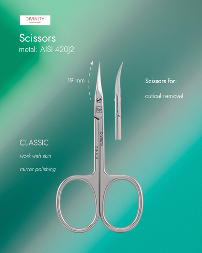 Professional scissors for cuticle, mirror polishing, L-91 mm, blades 19 mm.