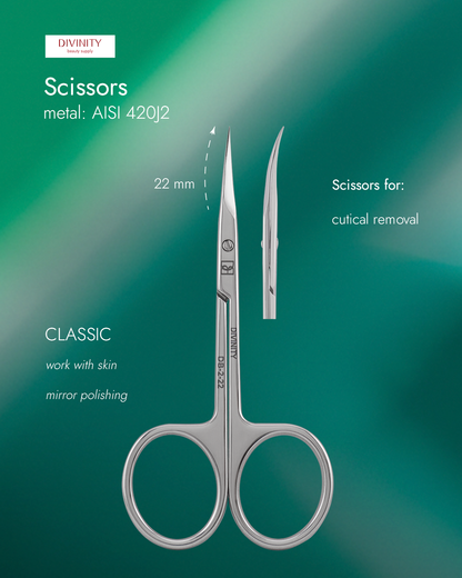 Professional scissors for cuticle, mirror polishing, L-99 mm, blades 22 mm.