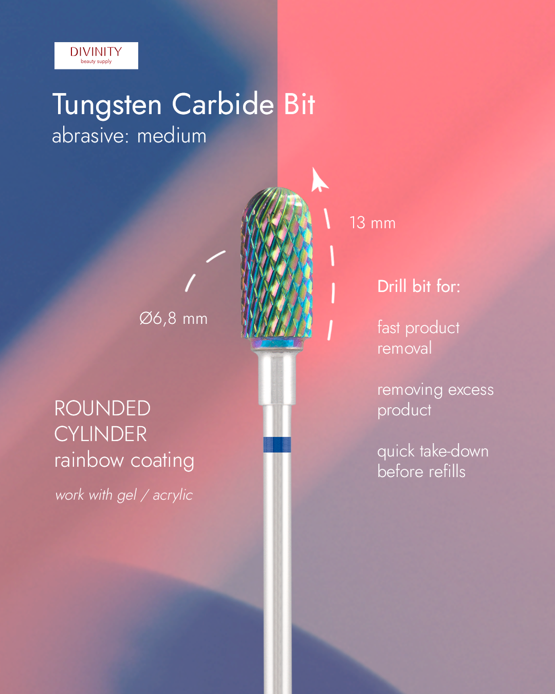 Tungsten carbide bit "rounded cylinder" blue (rainbow coating), L-13,0 mm., Ø6,8 mm