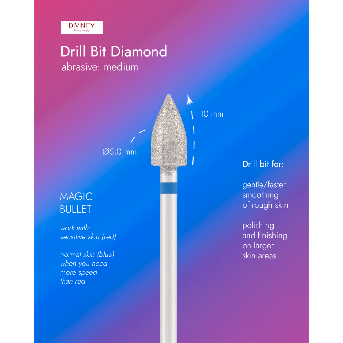 Diamond bit "magic bullet", blue L- 10,0 mm., Ø5,0 mm.