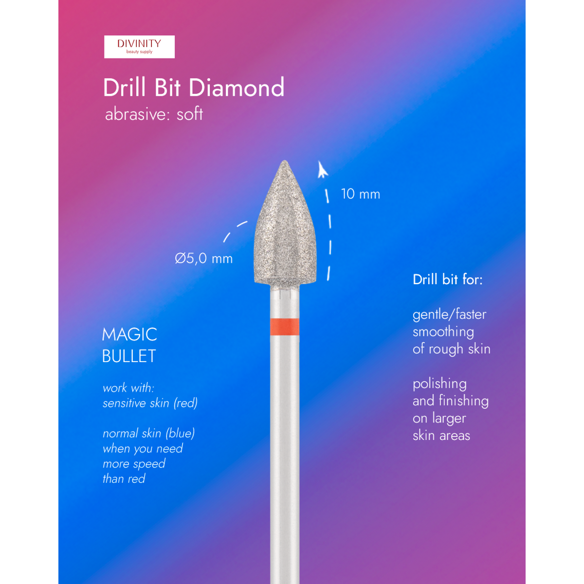 Diamond bit "magic bullet", red L- 10,0 mm., Ø5,0 mm.