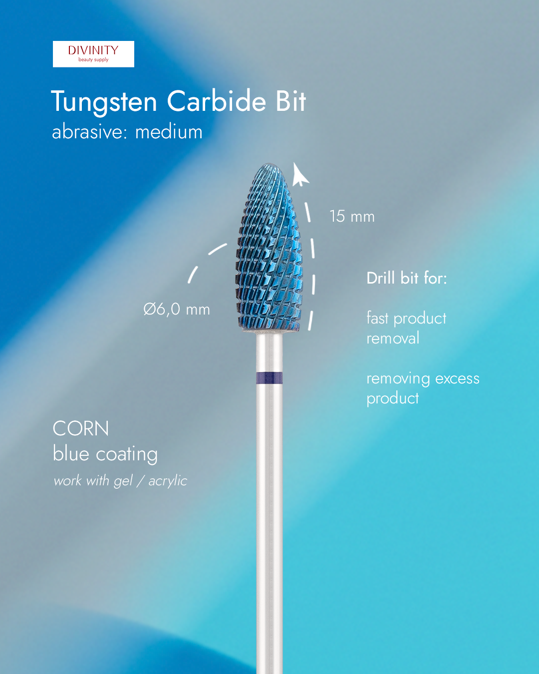 Tungsten carbide bit "Reversable corn" blue (blue coating), L-15,0 mm., Ø6,0 mm