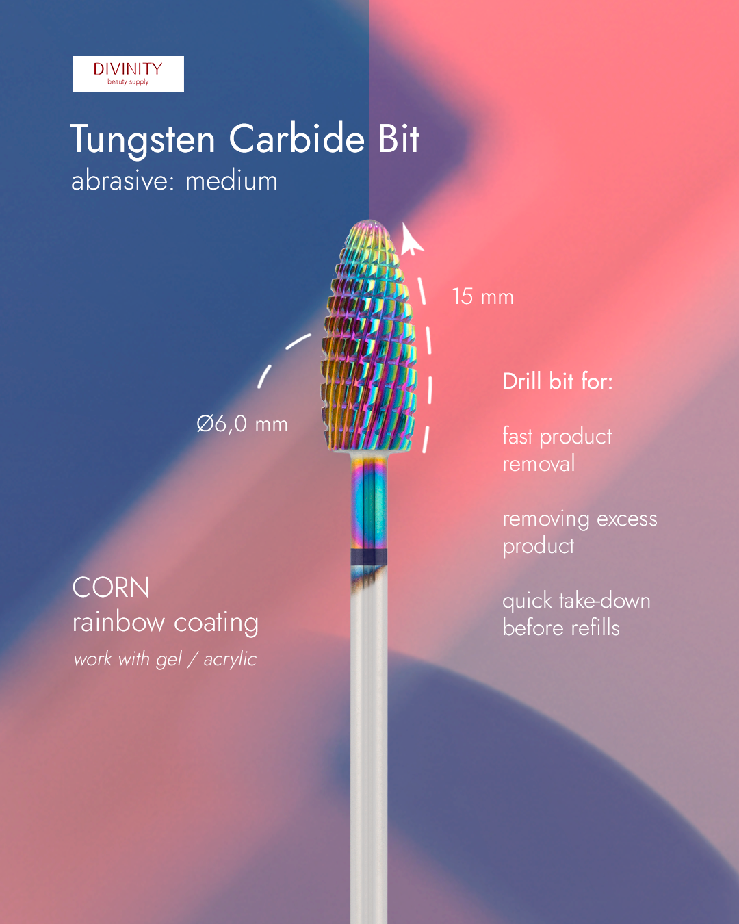 Tungsten carbide bit "Reversable corn" blue (rainbow coating), L-15,0 mm., Ø6,0 mm
