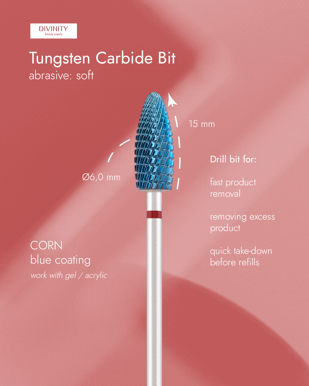 Tungsten carbide bit "Reversable corn" red (blue coating), L-15,0 mm., Ø6,0 mm