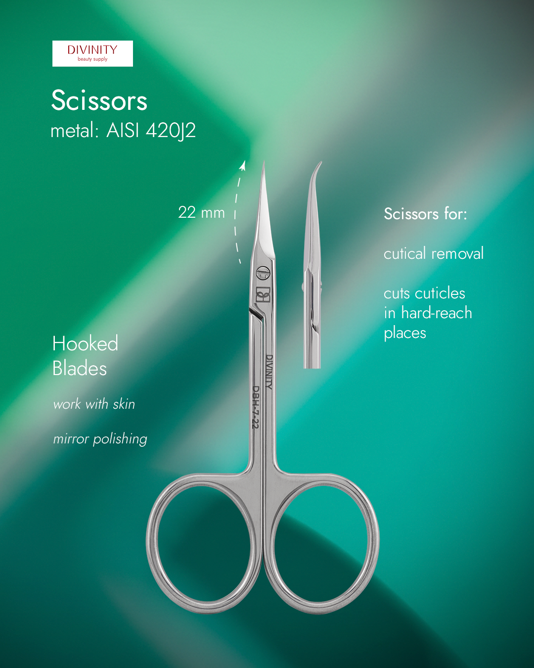 Professional hooked scissors for cuticle, mirror polishing, L-95 mm, blades 22 mm.