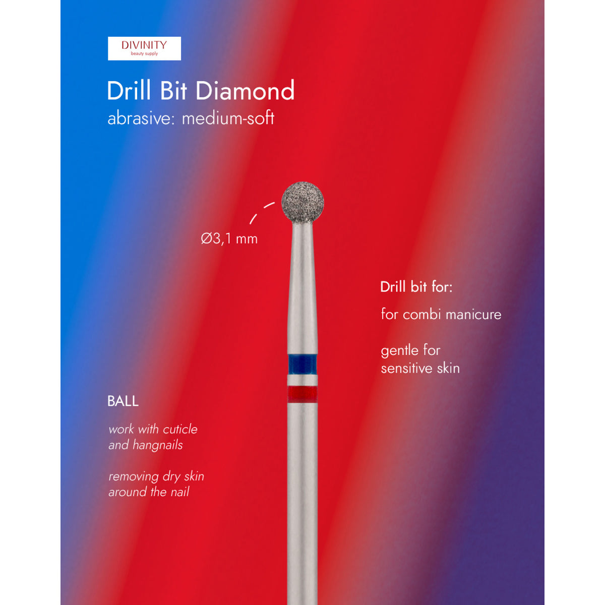 Diamond bit "ball" blue-red, Ø3,1 mm. NEW