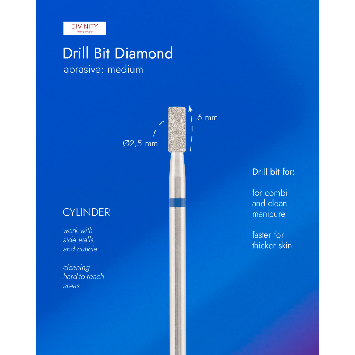 Diamond bit "cylinder" blue, L-6,0 mm., Ø2,5 mm.
