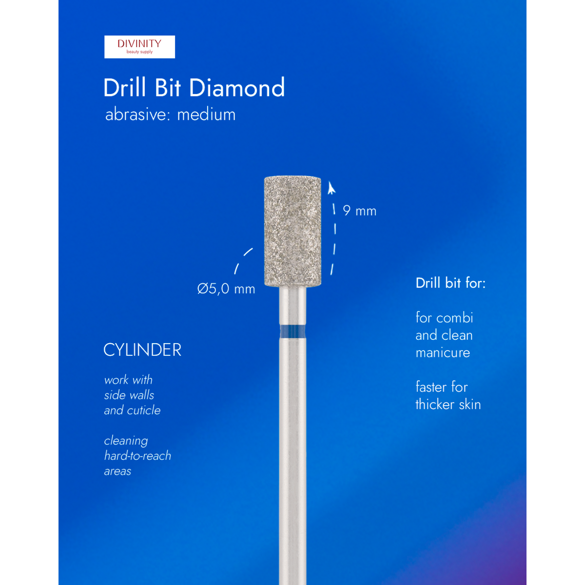 Diamond bit "cylinder" blue, L-9,0 mm., Ø5,0 mm.