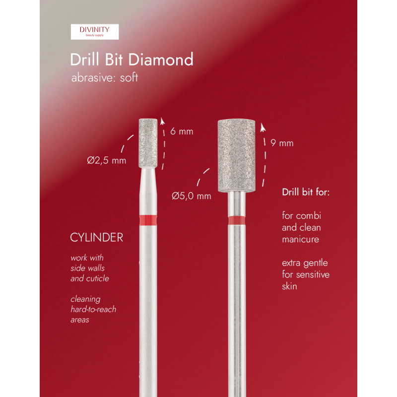 Particolare di Diamond bit "cylinder" red, L-9,0 mm., Ø5,0 mm.
