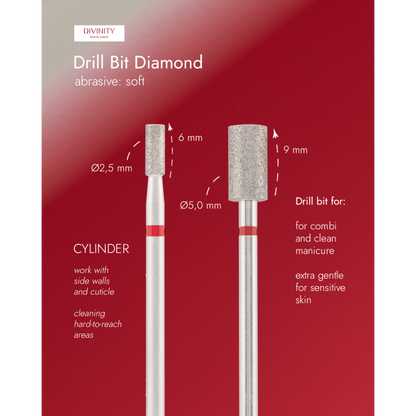 Particolare di Diamond bit "cylinder" red, L-9,0 mm., Ø5,0 mm.