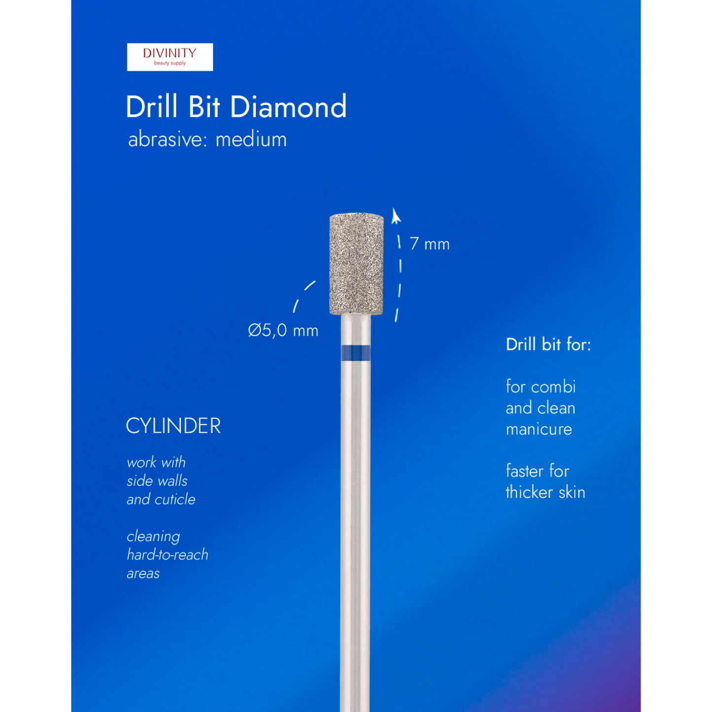 Diamond bit "cylinder" blue, L-7,0 mm., Ø5,0 mm.