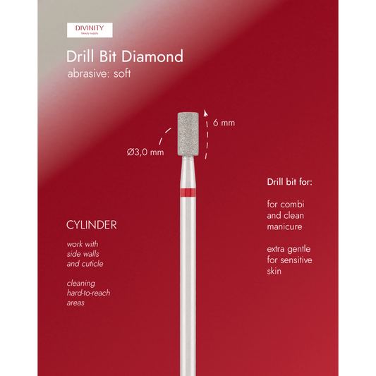 Diamond bit "cylinder" red, L-6,0 mm., Ø3,0 mm.