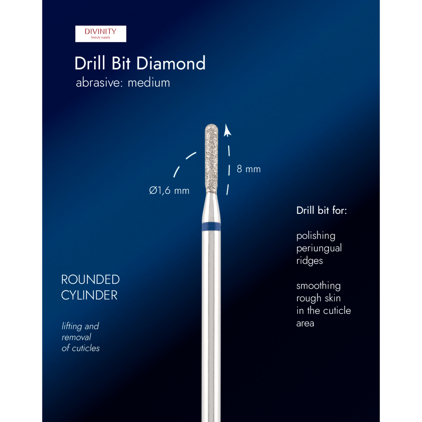 Diamond bit "rounded cylinder" blue, L-8,0 mm., Ø1,6 mm.