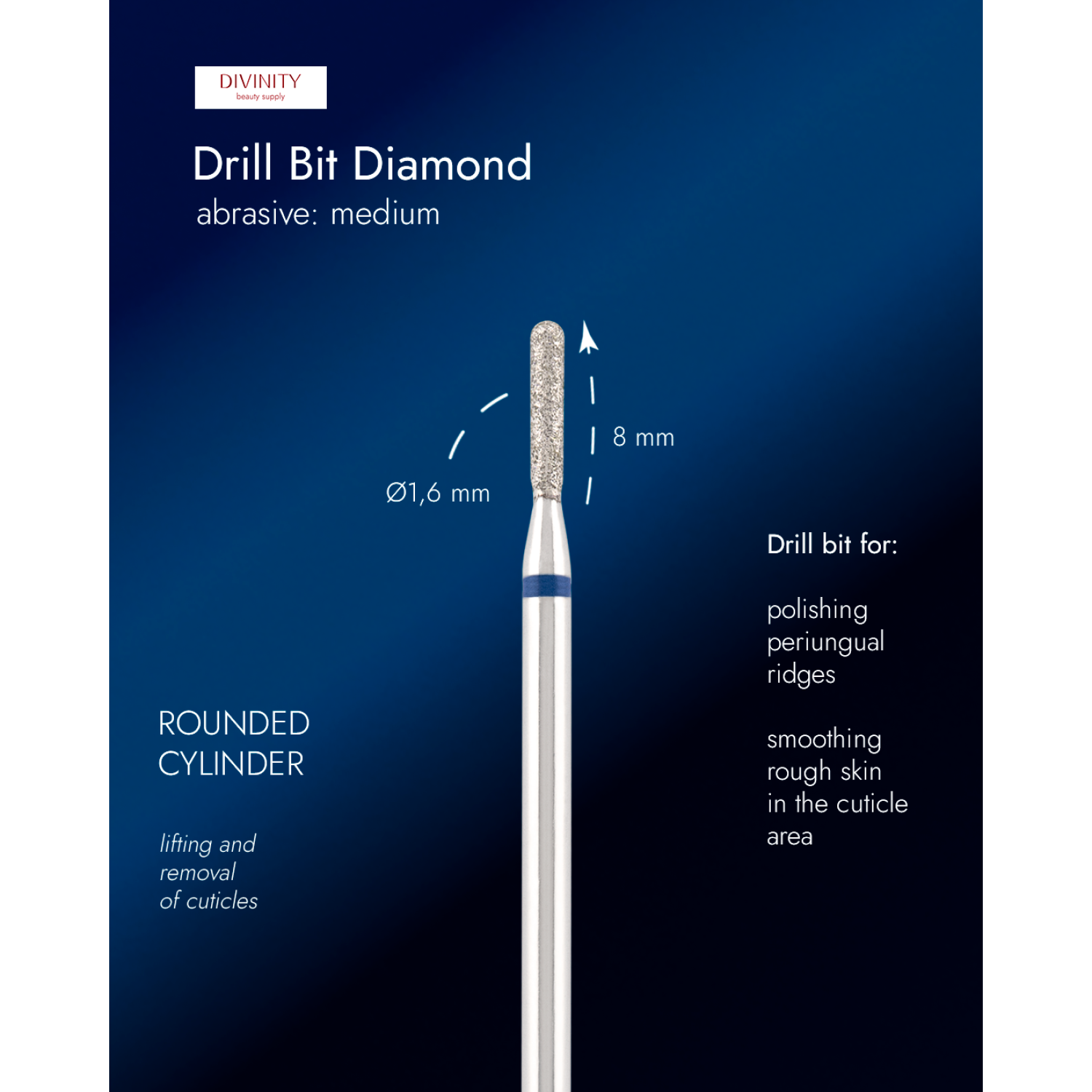 Diamond bit "rounded cylinder" blue, L-8,0 mm., Ø1,6 mm.