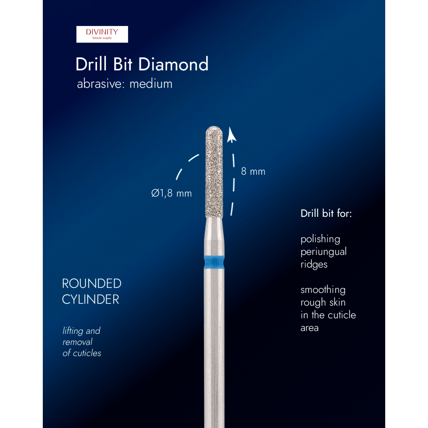 Diamond bit "rounded cylinder" blue, L-8,0 mm., Ø1,8 mm.
