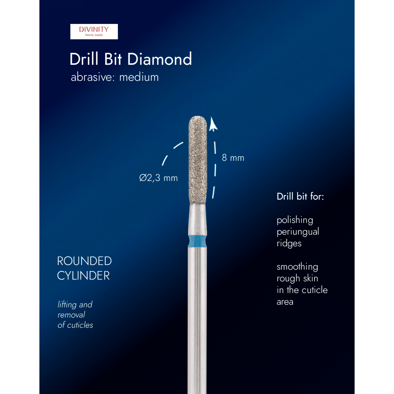 Diamond bit "rounded cylinder" blue, L-8,0 mm., Ø2,3 mm.