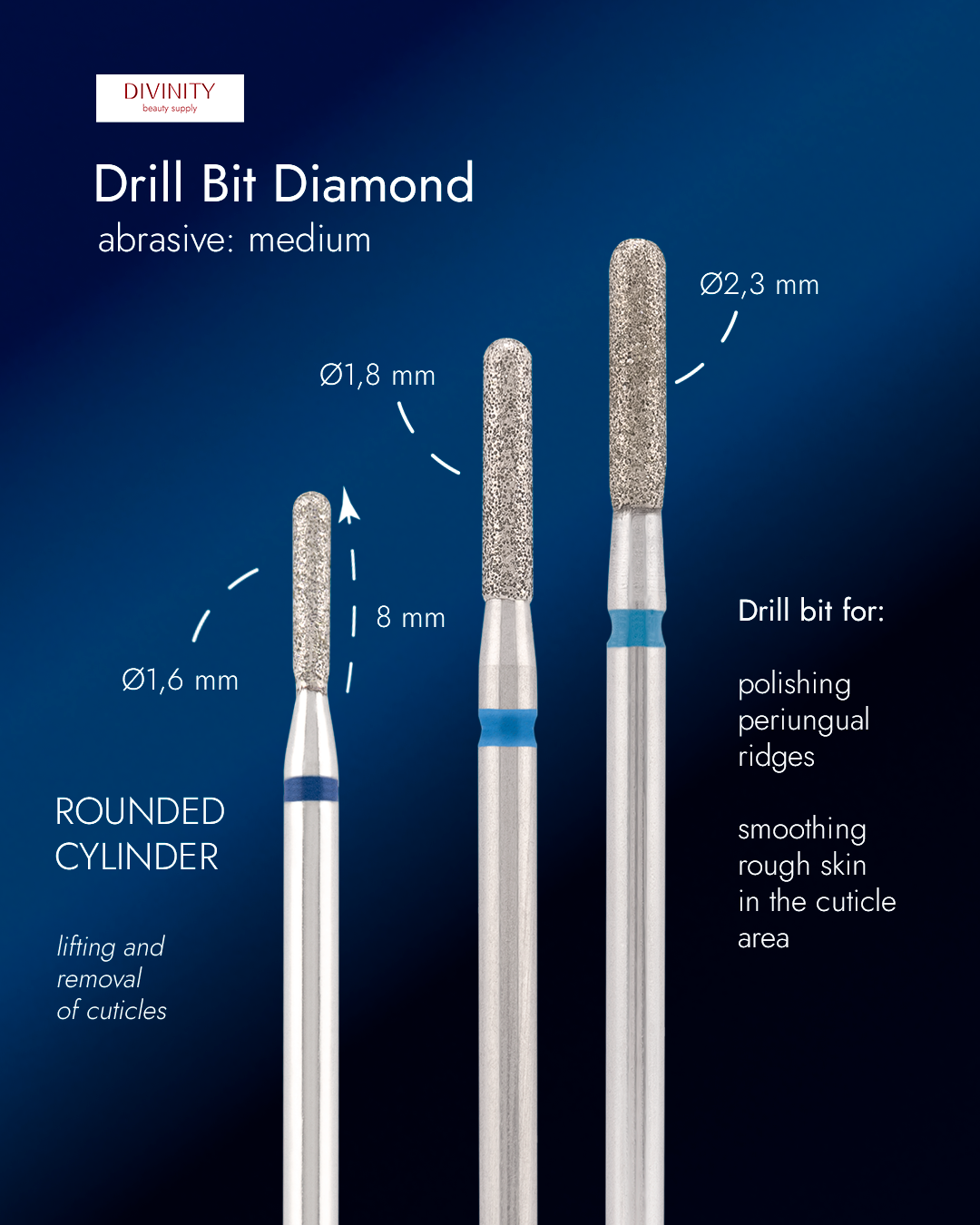 Particolare di Diamond bit "rounded cylinder" blue, L-8,0 mm., Ø2,3 mm.