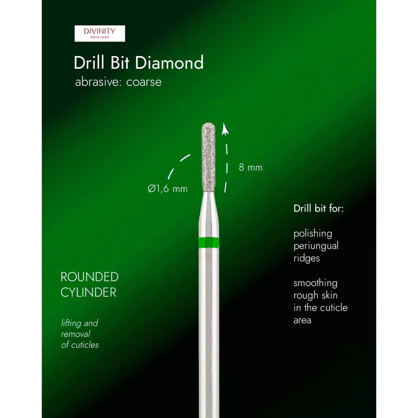 Diamond bit "rounded cylinder" green, L-8,0 mm., Ø1,6 mm.