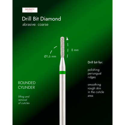 Diamond bit "rounded cylinder" green, L-8,0 mm., Ø1,6 mm.
