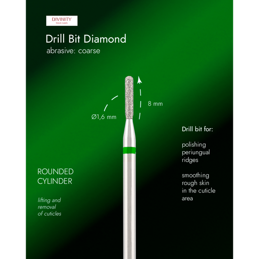Diamond bit "rounded cylinder" green, L-8,0 mm., Ø1,6 mm.