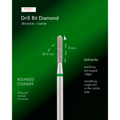Diamond bit "rounded cylinder" green, L-8,0 mm., Ø1,8 mm.
