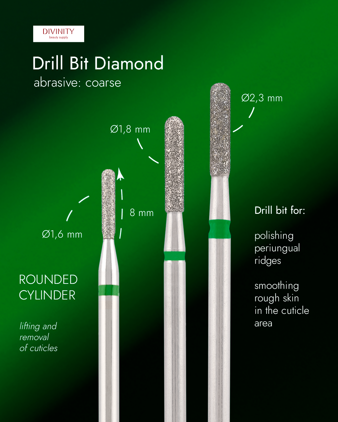 Particolare di Diamond bit "rounded cylinder" green, L-8,0 mm., Ø1,8 mm.