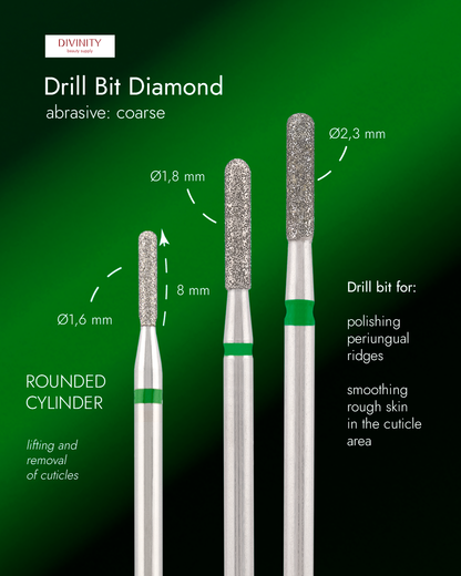 Particolare di Diamond bit "rounded cylinder" green, L-8,0 mm., Ø1,8 mm.