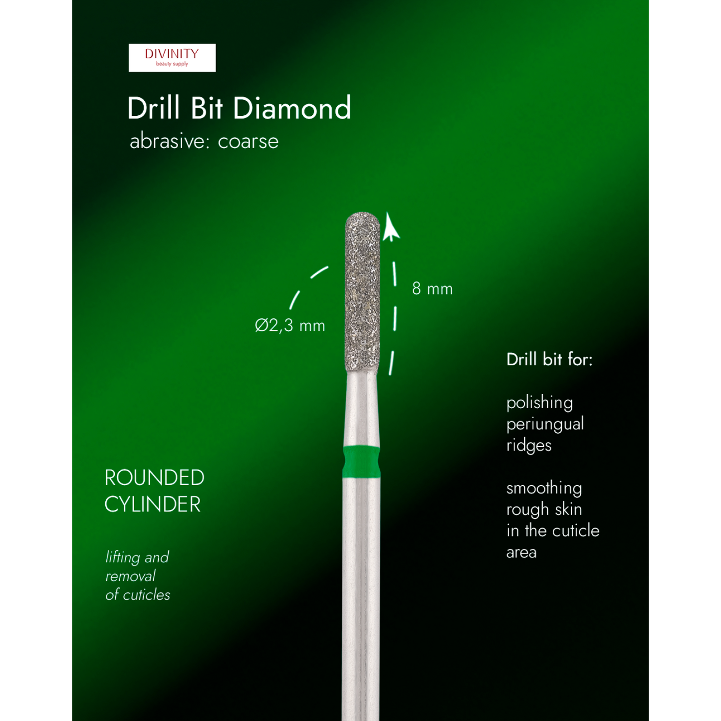 Diamond bit "rounded cylinder" green, L-8,0 mm., Ø2,3 mm.