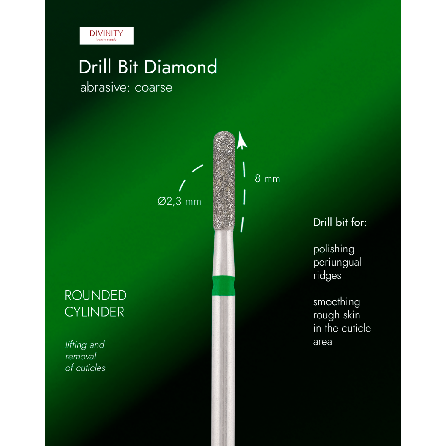 Diamond bit "rounded cylinder" green, L-8,0 mm., Ø2,3 mm.