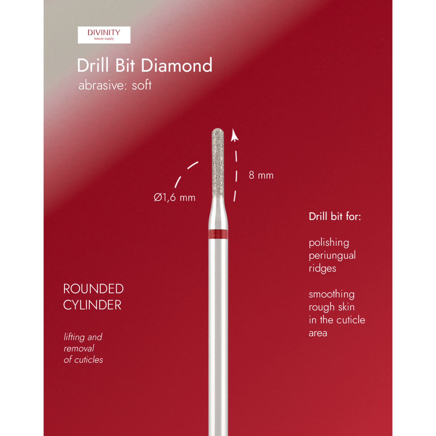 Diamond bit "rounded cylinder" red, L-8,0 mm., Ø1,6 mm.