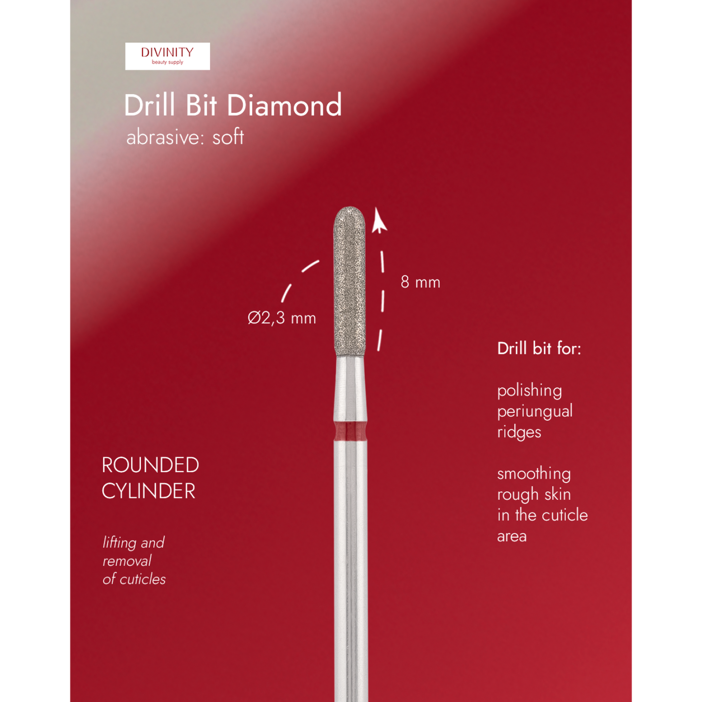 Diamond bit "rounded cylinder" red, L-8,0 mm., Ø2,3 mm.