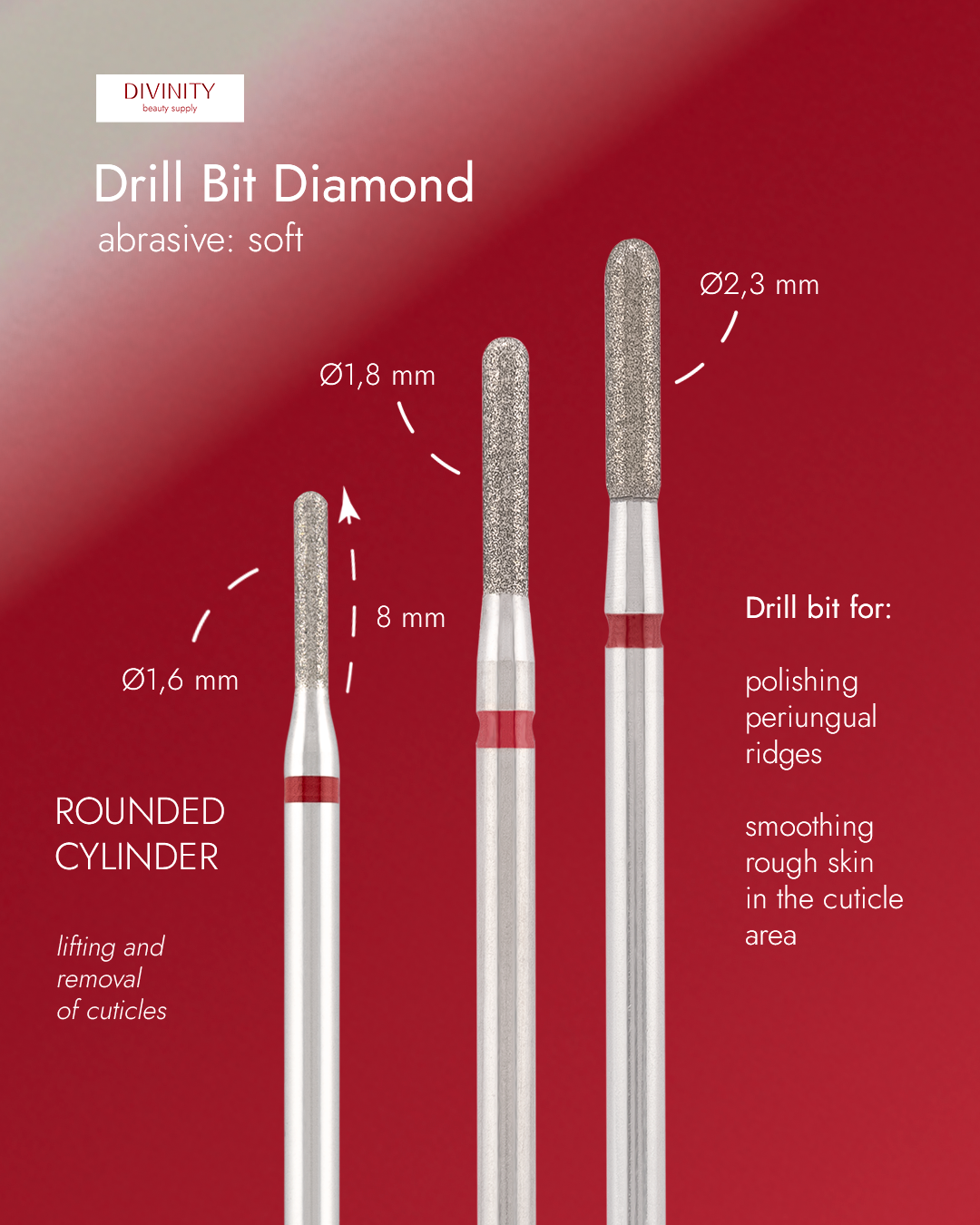 Particolare di Diamond bit "rounded cylinder" red, L-8,0 mm., Ø2,3 mm.