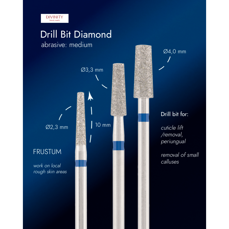 Particolare di Diamond bit "frustum" blue, L-10,0 mm., Ø2,3 mm.