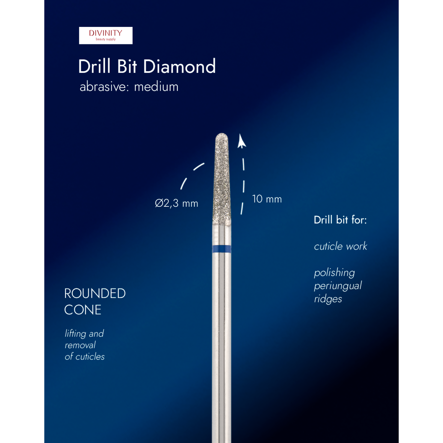Diamond bit "rounded cone" blue, L-10,0 mm., Ø2,3 mm.