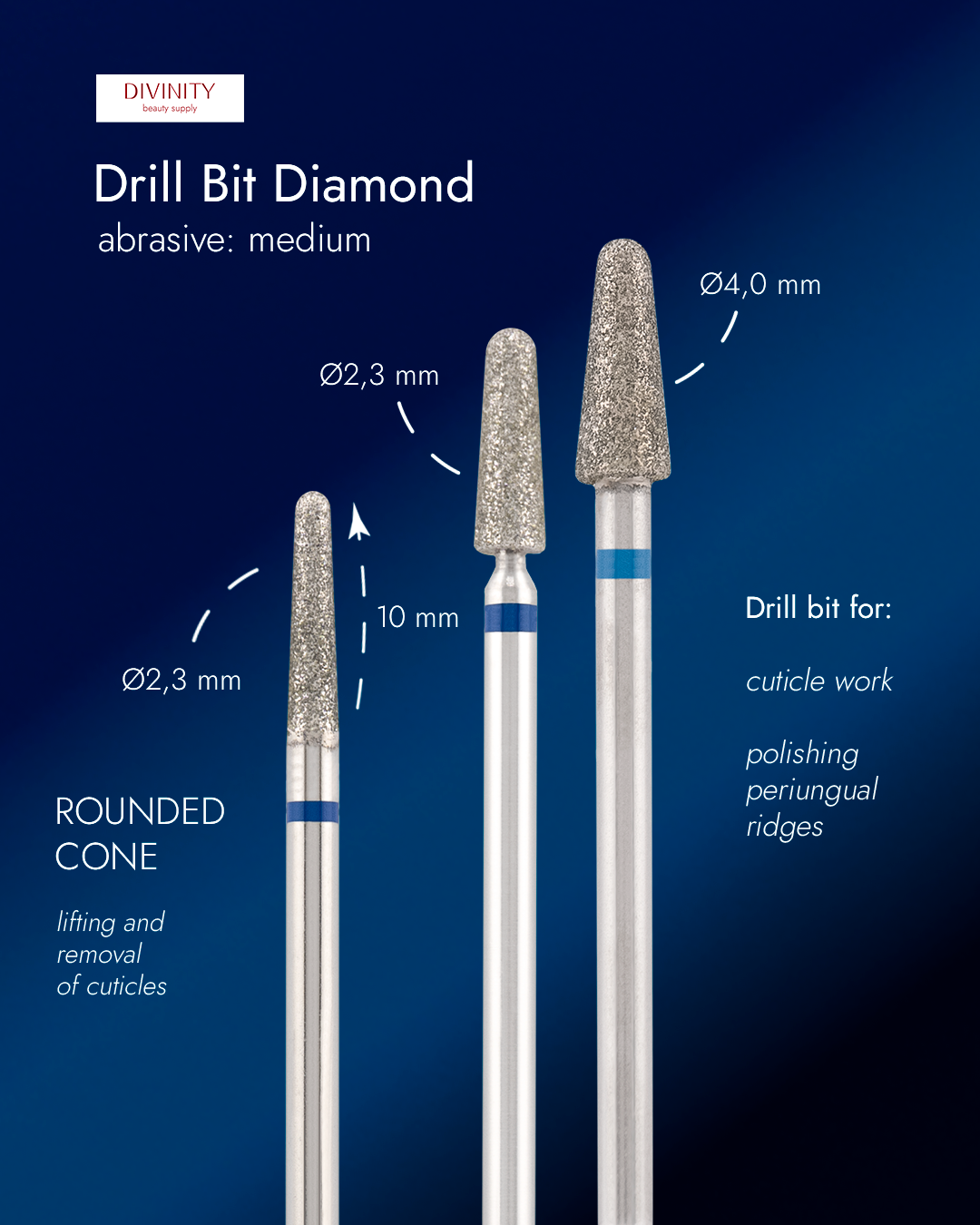 Particolare di Diamond bit "rounded cone" blue, L-10,0 mm., Ø2,3 mm.