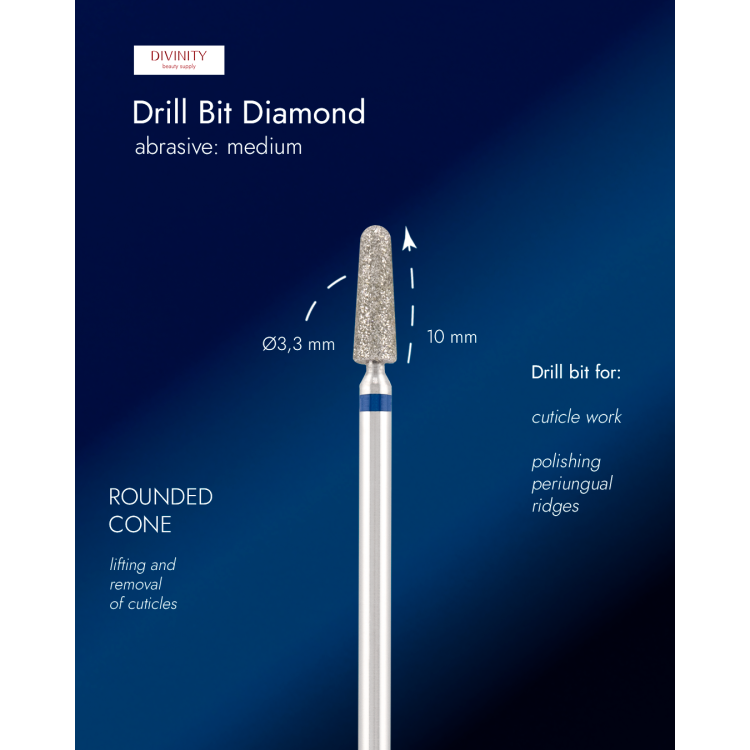 Diamond bit "rounded cone" blue, L-10,0 mm., Ø3,3 mm.