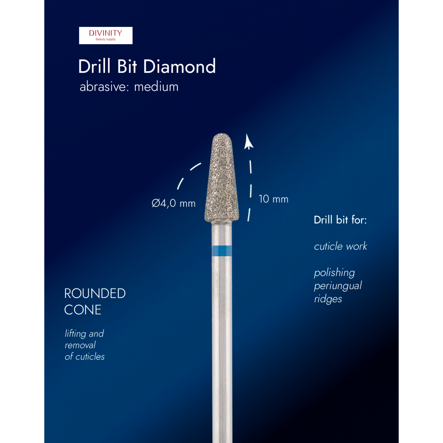 Diamond bit "rounded cone" blue, L-10,0 mm., Ø4,0 mm.