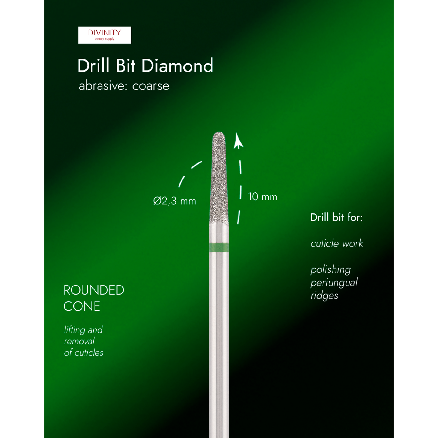 Diamond bit "rounded cone" green, L-10,0 mm., Ø2,3 mm.