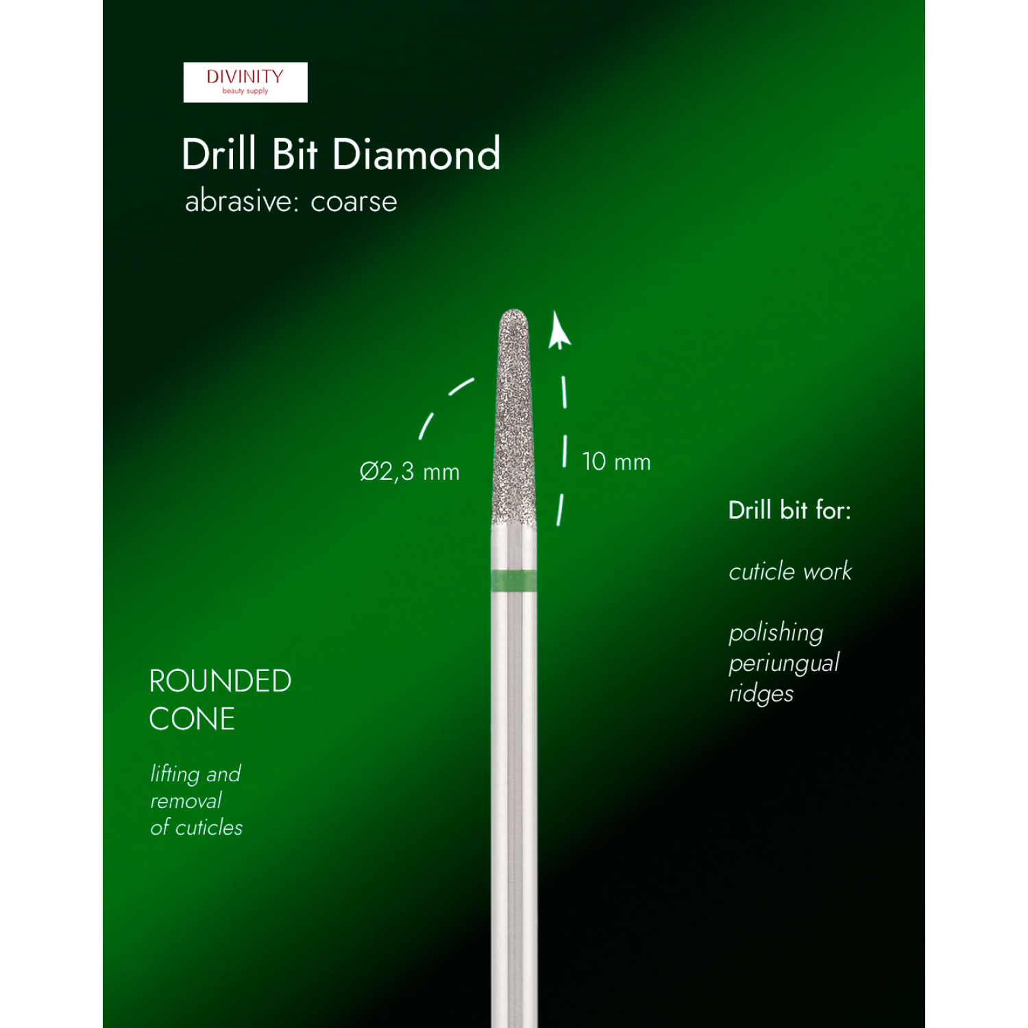 Diamond bit "rounded cone" green, L-10,0 mm., Ø2,3 mm.