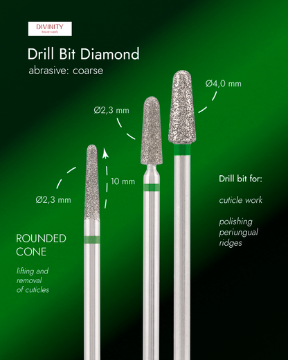 Particolare di Diamond bit "rounded cone" green, L-10,0 mm., Ø2,3 mm.